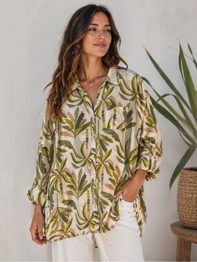 Women’s Lightweight Button-Up Top in Olive & Beige Leaf Print